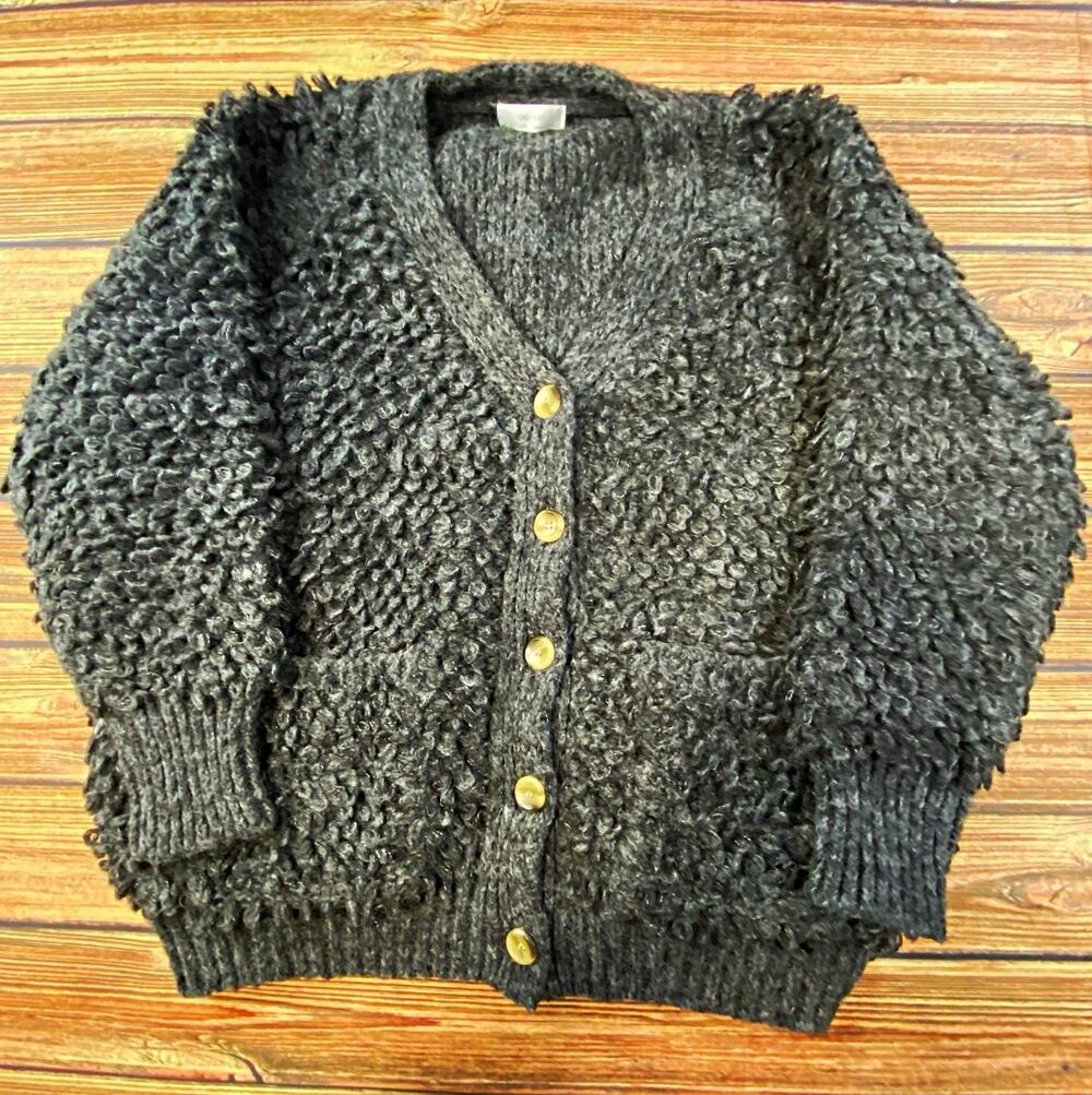 OAK + FORT Gray Bouclé Knit Button V-Neck Cardigan Sweater Pockets Small